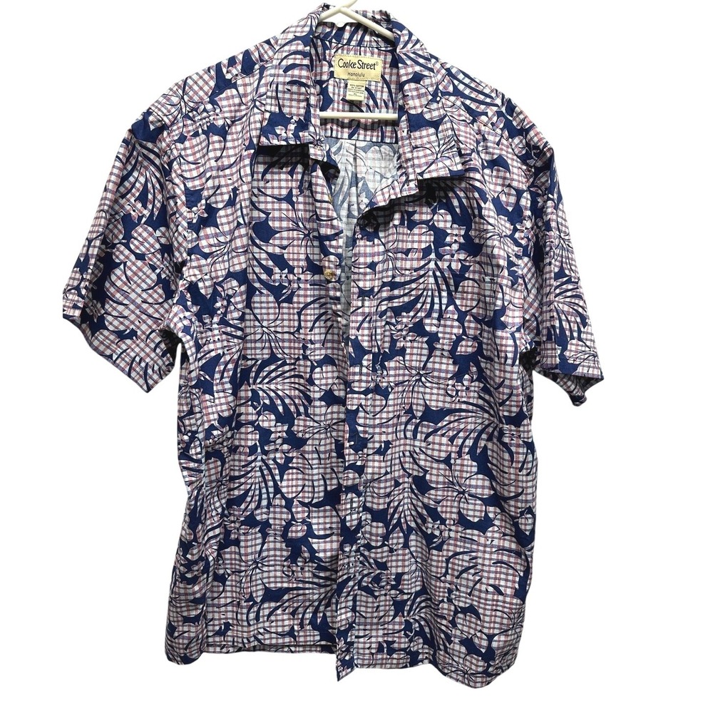 Cooke Street Honolulu Mens XL Gingham Tropical Floral Aloha Shirt Cotton